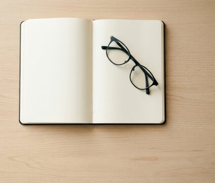 Open blank notebook with black framed glasses on a light wooden desk, representing study, planning, or creative writing sessions for students and professionals