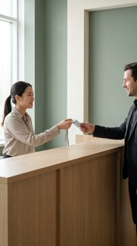 Receptionist handing keycard to arriving visitor at office reception desk