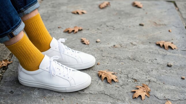 Person wearing white leather sneakers and yellow socks standing on a stone path with fallen autumn leaves, seasonal fashion and footwear concepts