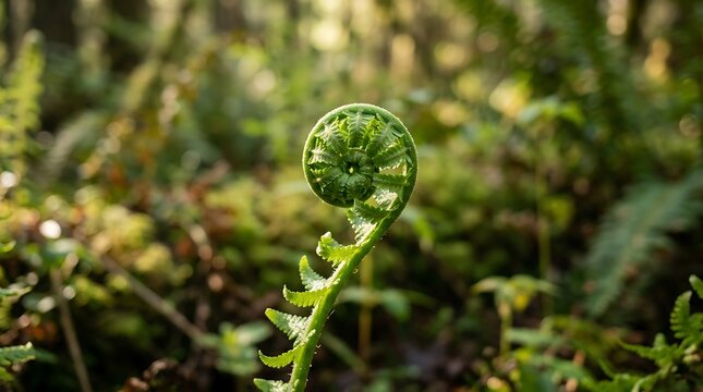 Young fern fiddlehead uncurling in sunlit forest