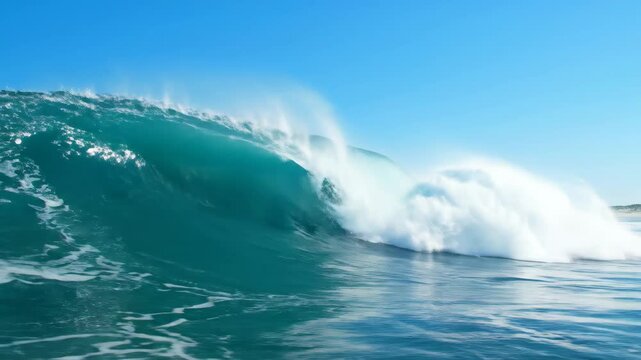 Powerful ocean wave cresting and breaking with white foam under a clear blue sky.