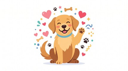 Fototapeta premium Cute Cartoon Golden Retriever Puppy Waving Paw with Hearts and Bones Vector Illustration for Pet Lovers