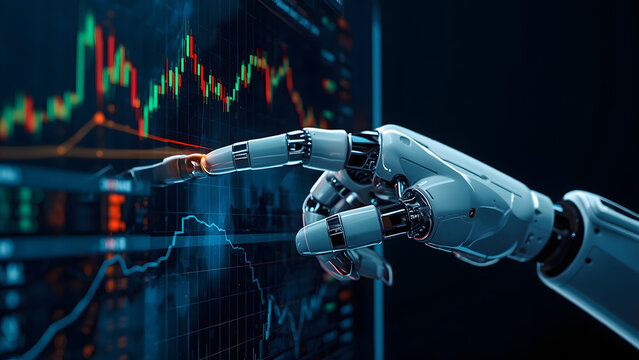 Robotic hand touching financial stock market chart, artificial intelligence trading data, futuristic cyborg arm analyzing digital business graphs