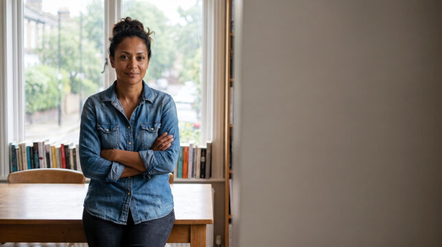 Pensive businesswoman with arms crossed at a bright home office window