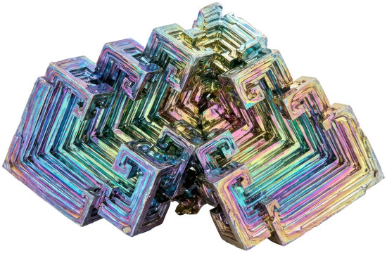 Iridescent rainbow bismuth crystal geometric structure.