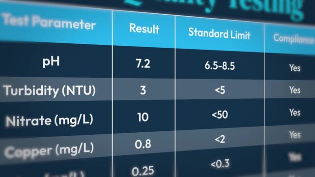 Water quality test results table with ph, turbidity, analysis 4k animation.