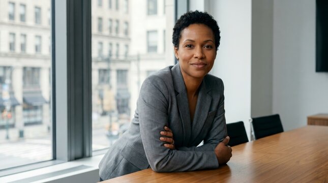 Confident businesswoman with arms crossed by a bright modern office window