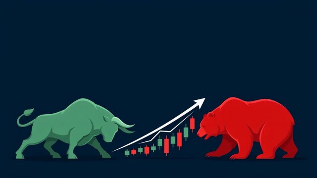 Green bull and red bear facing each other over rising financial market candlestick growth chart with positioned opposite sides upward trending financial