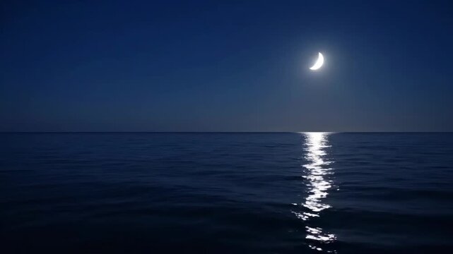Serene night scene with a crescent moon reflecting on the tranquil ocean.