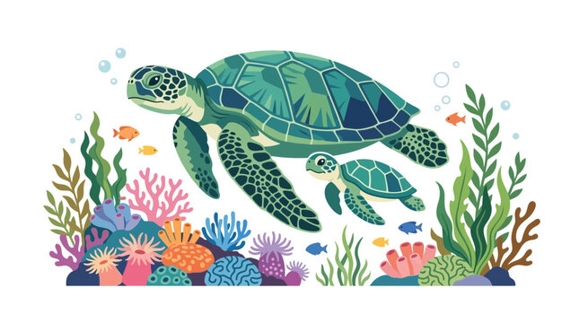 Sea turtles swimming over vibrant coral reef vector illustration