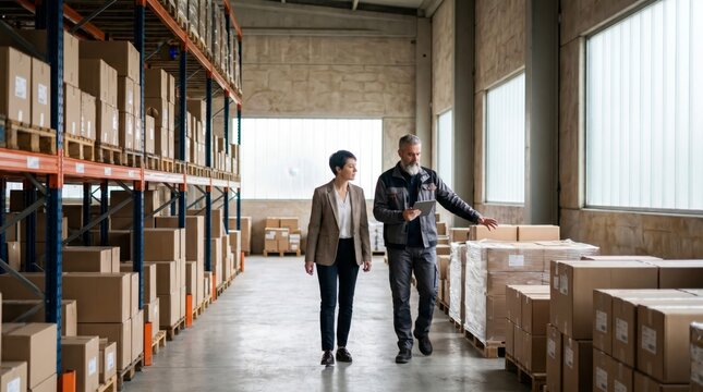 Businesswoman and warehouse worker reviewing stock with tablet in logistics center