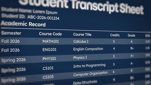 Academic transcript sheet displaying semester courses, credits, grades, 4k animation