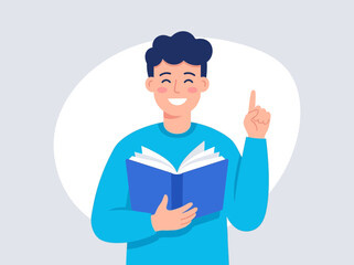 Happy man with open book pointing up having an idea. Vector illustration for education, learning, and discovery concepts.