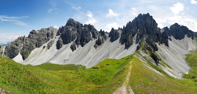 Spectacular green mountain landscape of the Stubai Alps south of Innsbruck, Axamer Lizum. Tyrol. Austria