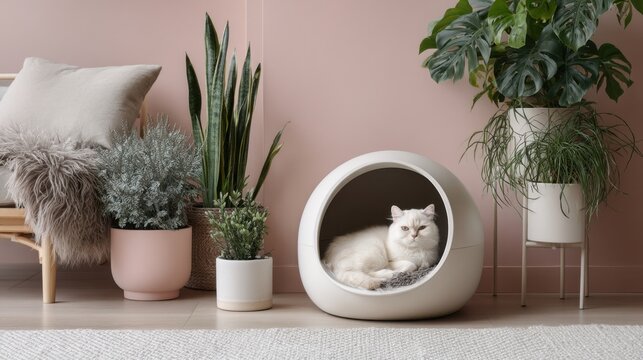 White cat relaxing in modern room with indoor plants and stylish furniture