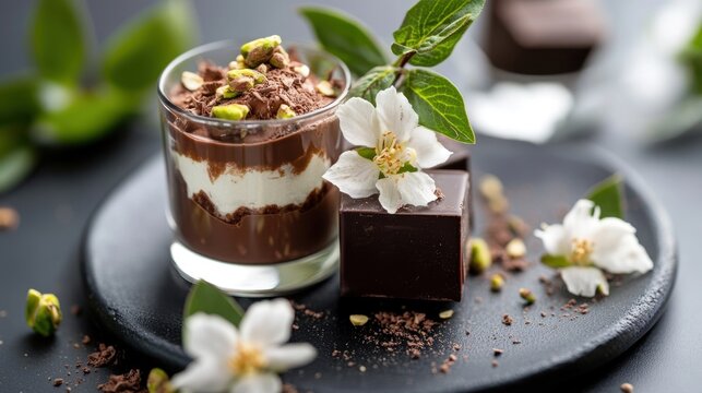 Chocolate dessert with pistachios and white flowers on black plate