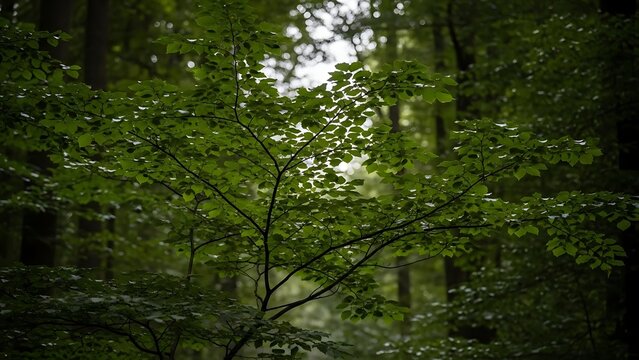 Dense green forest canopy with interlocking tree branches.
