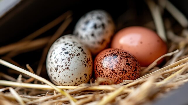 Variety of eggs in nest with straw and hay close-up