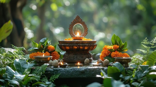 Serene outdoor altar with lit candle and marigold flowers in lush forest setting. Janmashtami