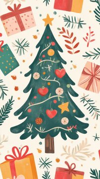 Festive christmas tree with ornaments and colorful wrapped gifts on holiday background
