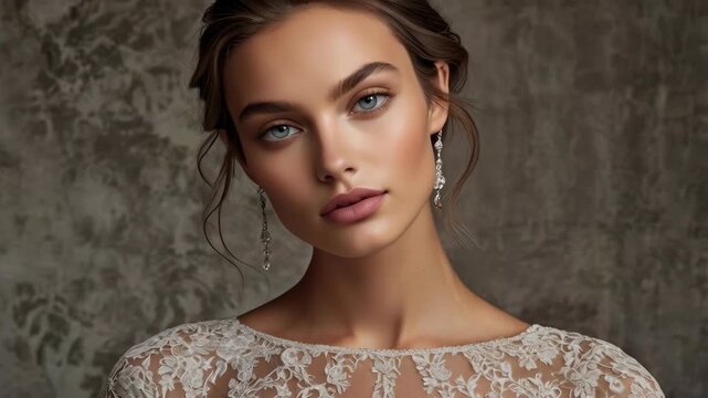 Elegant young woman portrait with lace dress, earrings, and soft textured studio light