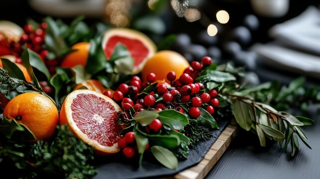 Festive citrus and berry arrangement with greenery on dark slate