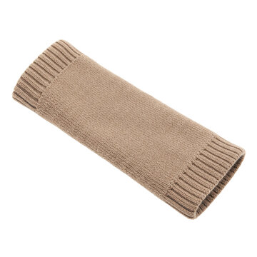 Knitted beige arm warmer with ribbed edges, angled view on transparent isolated on white background