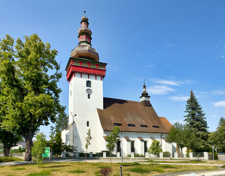 Catholic Church of St. Catherine of Alexandria in city Handlova, Slovakia, Europe. Sunny morning cityscape of Handlova city the Prievidza District, Trenc&iacute;n Region in the middle of Slovakia