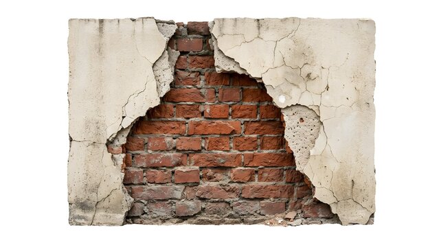 Aged Plaster Wall with Cracks Exposing Red Brick Structure &ndash; Damaged Construction Surface Showing Irregular Edges, Rustic Texture, Architectural Decay, and Building Material Layers for Renovation