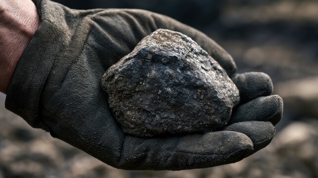 ultra-photorealistic documentary photograph of a freshly mined rare earth mineral specimen being carefully held by a technical worker wearing a rugged dark industrial protective glove