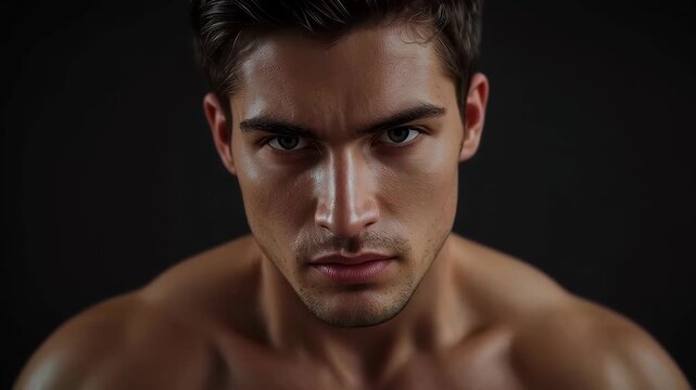Male portrait with intense gaze, bare shoulder and dark background studio lighting
