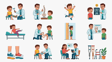 Fototapeta premium Modern Illustrated Guide to Pediatric Orthopedic and General Check Ups with Doctors and Kids with high quality professional line art symbols for modern creative design and digital branding projects