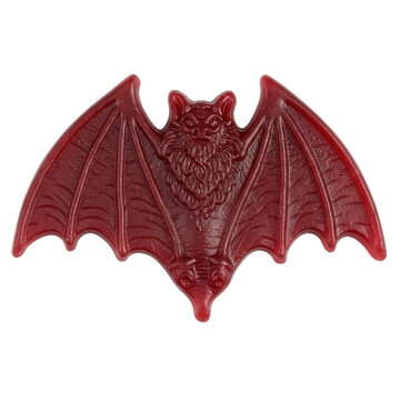 Detailed red gummy bat with textured wings and spooky halloween charm isolated on white background