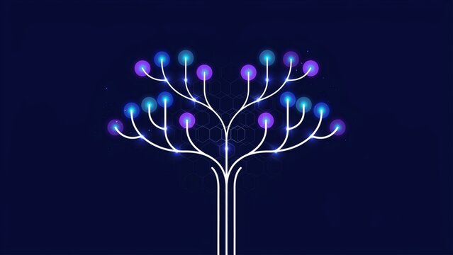 Abstract digital tree structure featuring glowing nodes representing network connectivity and advanced artificial intelligence data growth concepts