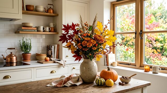 Inviting kitchen displaying vibrant fall flowers and pumpkins against a natural backdrop.