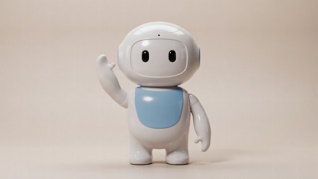 Friendly small white robot waving hand isolated against soft neutral beige studio background setting with humanoid robot standing against plain light