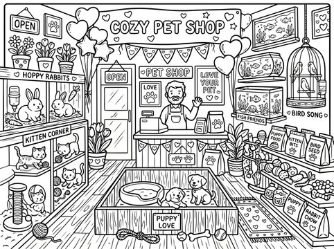 Vector illustration of a cozy pet shop interior coloring page with a shopkeeper puppies kittens various animals coloring veterinary interior aquarium illustration business merchandise customer