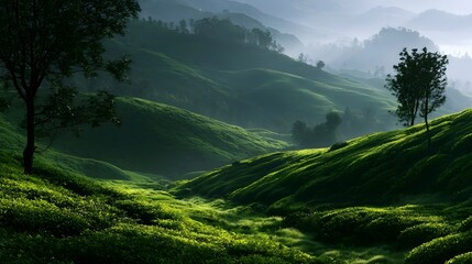 Fototapeta premium Sunlight illuminates rolling green hills covered in dense vegetation with scattered trees and misty atmospheric depth