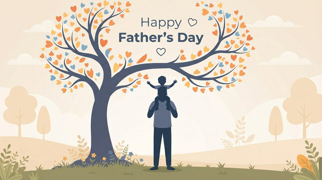 Happy Father's Day illustration. Father and child under tree with heart leaves. Cute family concept art for greeting card design, celebration template.