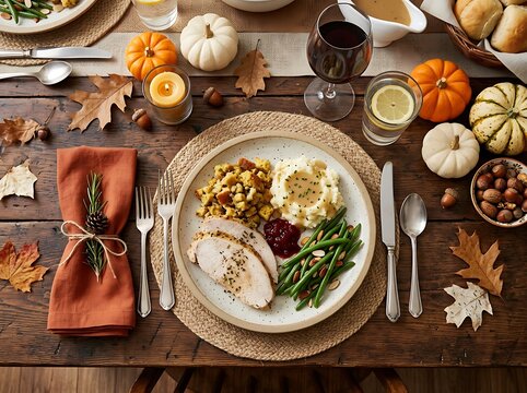 Roasted turkey breast with stuffing and green beans on festive holiday table with pumpkins and seasonal autumnal decor.