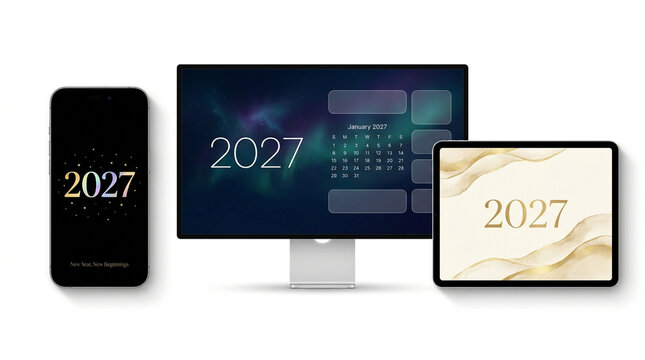 2027 digital calendar on multi-device mockup. New Year 2027 desktop and mobile screens. Modern tech devices with 2027 schedule.