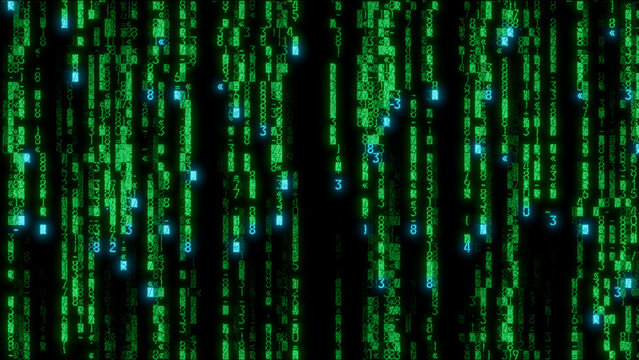 Futuristic abstract digital composition of dense green and blue binary code lines floating on a black background, perfect for technology branding, data visualization, and modern design projects.