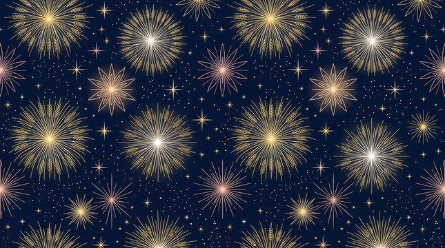 Golden fireworks seamless pattern on dark blue background, festive holiday starburst texture, elegant celestial celebration backdrop