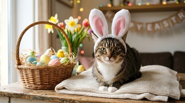 Tabby cat with white chest and paws wears bunny ears while lying near a basket of Easter eggs.