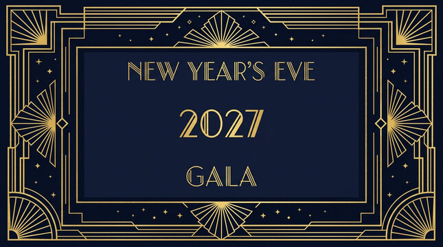 Art Deco New Year's Eve 2027 Gala invitation, elegant gold geometric frame on navy blue background, vintage 1920s style party banner