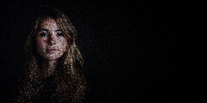 Digital ID Portrait of Woman with Face made up of Computer code. Multi-factor authentication Concept with copy-space.