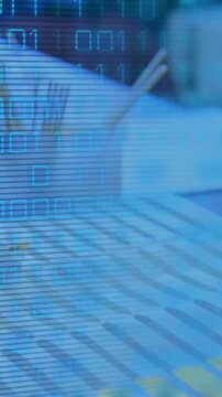Animation of data processing over doctor with test tubes