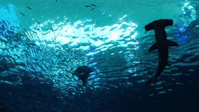 Underwater scene featuring the silhouettes of a shark and stingray swimming beneath the water surface. Marine wildlife, ocean ecosystem, aquatic biodiversity.