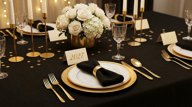 Elegant 2027 New Year dinner table setting, luxury black and gold gala banquet decor, festive wedding reception with white roses