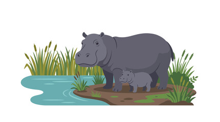 Mother Hippo and Calf in Natural River Habitat Vector Illustration